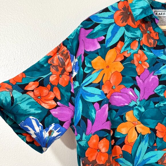 Vtg Cabrais Womens Tropical Hawaiian Shirt Rayon Button Floral Teal Hibiscus - Picture 3 of 11